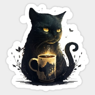 Black Cat Drinking Coffee, Coffee Cat Lover Sticker